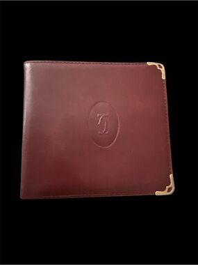 Cartier Burgundy Leather Bi-Fold Wallet with Gold Corner Hardware
